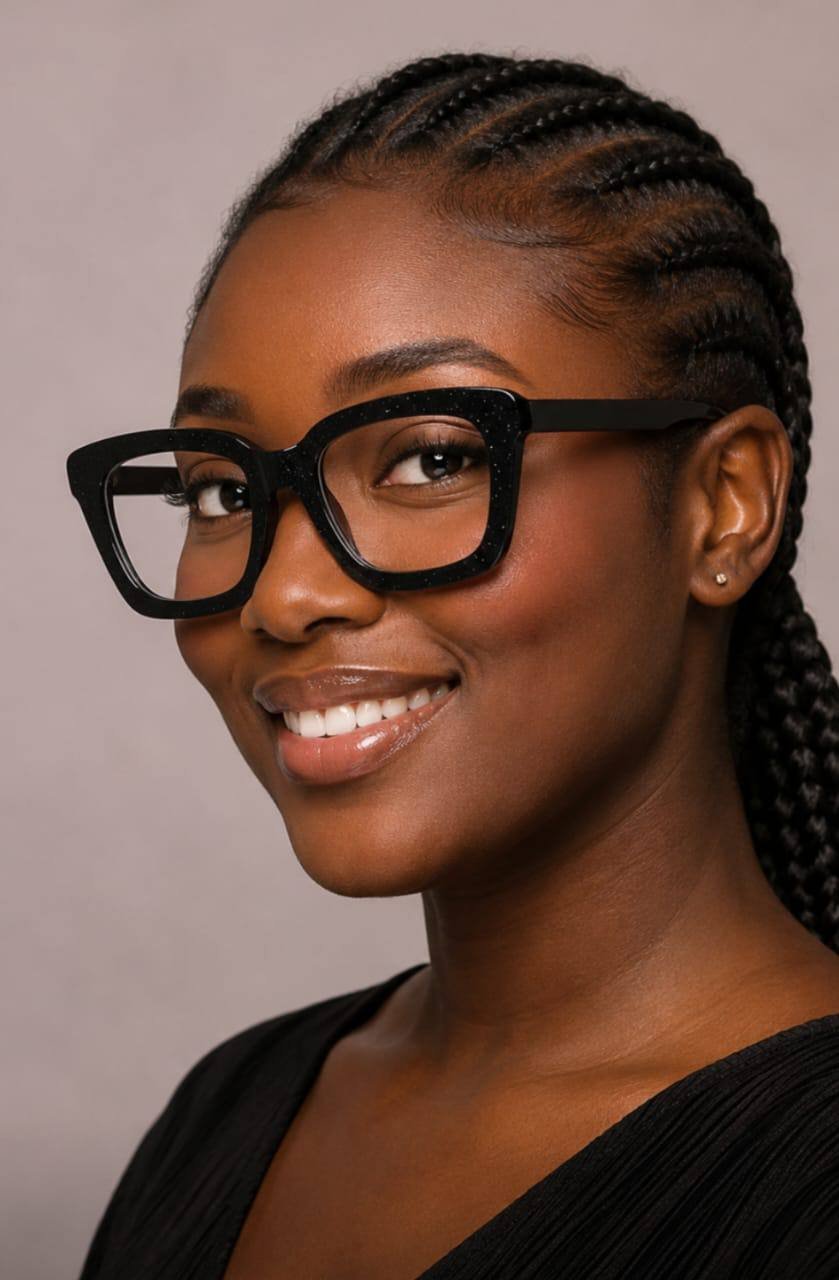 Client wearing SiNA Eye Clinic frames